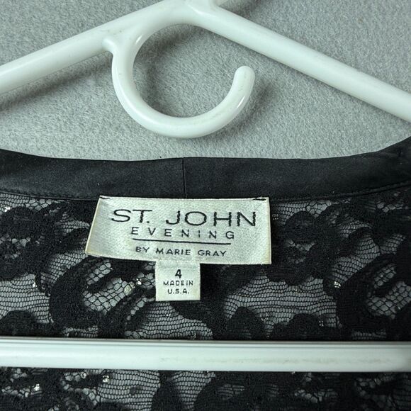 St John Evening Marie Gray Black Lace Beaded Sheer Top Blouse Sz 4 Made in USA - Picture 3 of 11